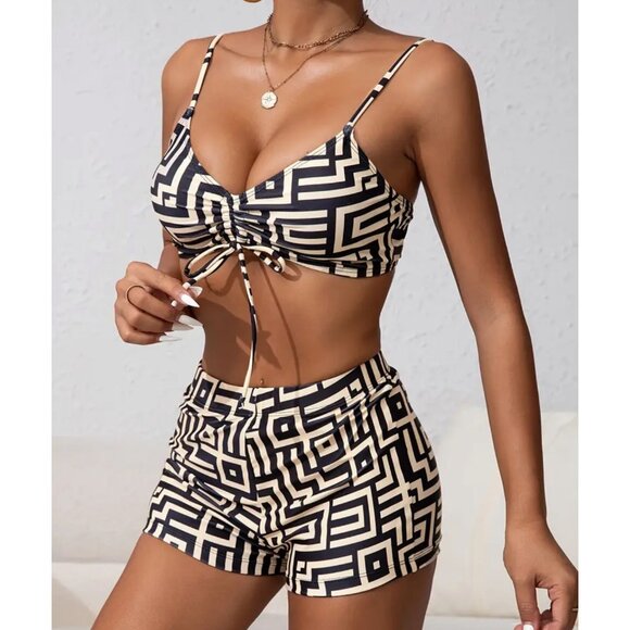 New 3-Piece Womens Geometric Print Bikini Set With Long Sheer Cover-Up XL - Picture 3 of 4